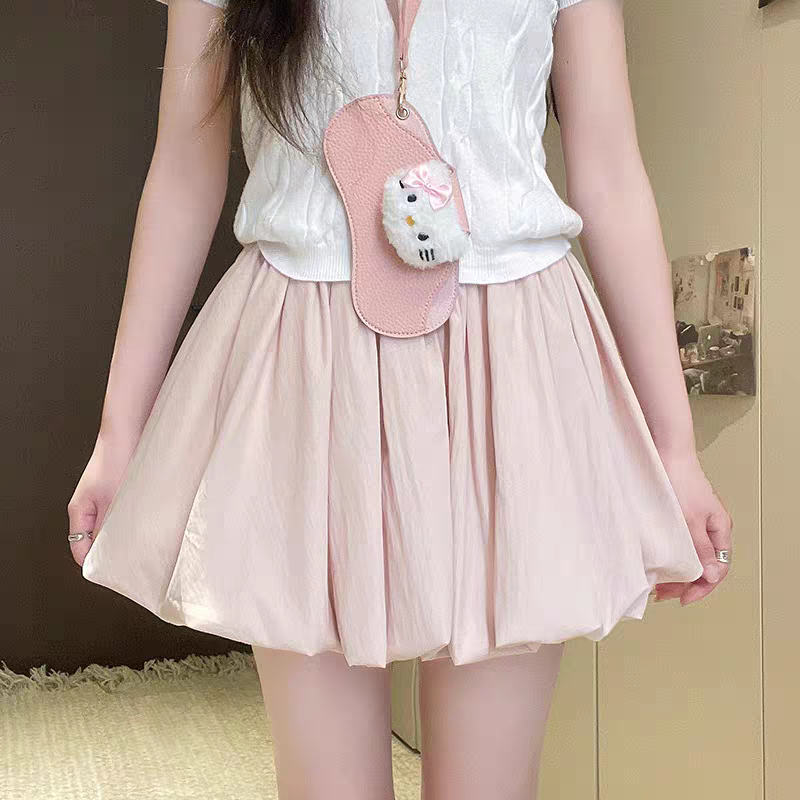 小个子运动短裙女款红色蓬蓬花苞裙女夏薄款高腰显瘦a字灯笼裙