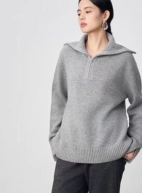爆款翻领套头毛衣中长款灰色外套女秋冬美利奴拉链慵懒风羊毛衫