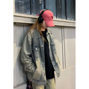 高级感破洞牛仔外套男秋季美式高街痞帅上衣潮牌休闲宽松翻领夹克图片