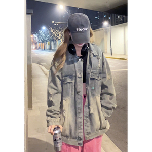 高级感破洞牛仔外套男秋季美式高街痞帅上衣潮牌休闲宽松翻领夹克图片