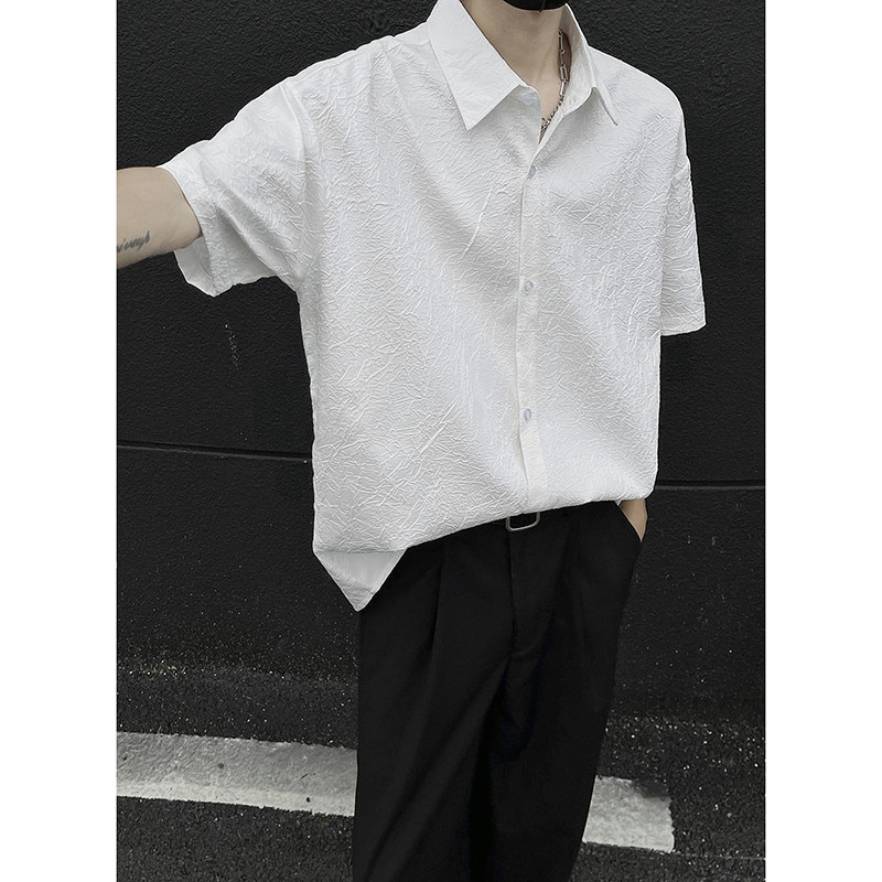 肌理感衬衣潮流翻领设计复古开衫潮牌短袖衬衫HY553TP40控68,男装衬衫,电商A102B