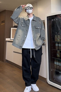 美式牛仔外套男新款高级感破洞牛仔工装夹克衫HY481TP65控98图片