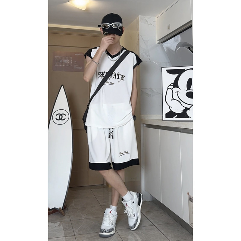 潮流无袖宽松休闲运动服oversize美式外穿篮球运动服套装T13TP55,男装衬衫,电商A102B