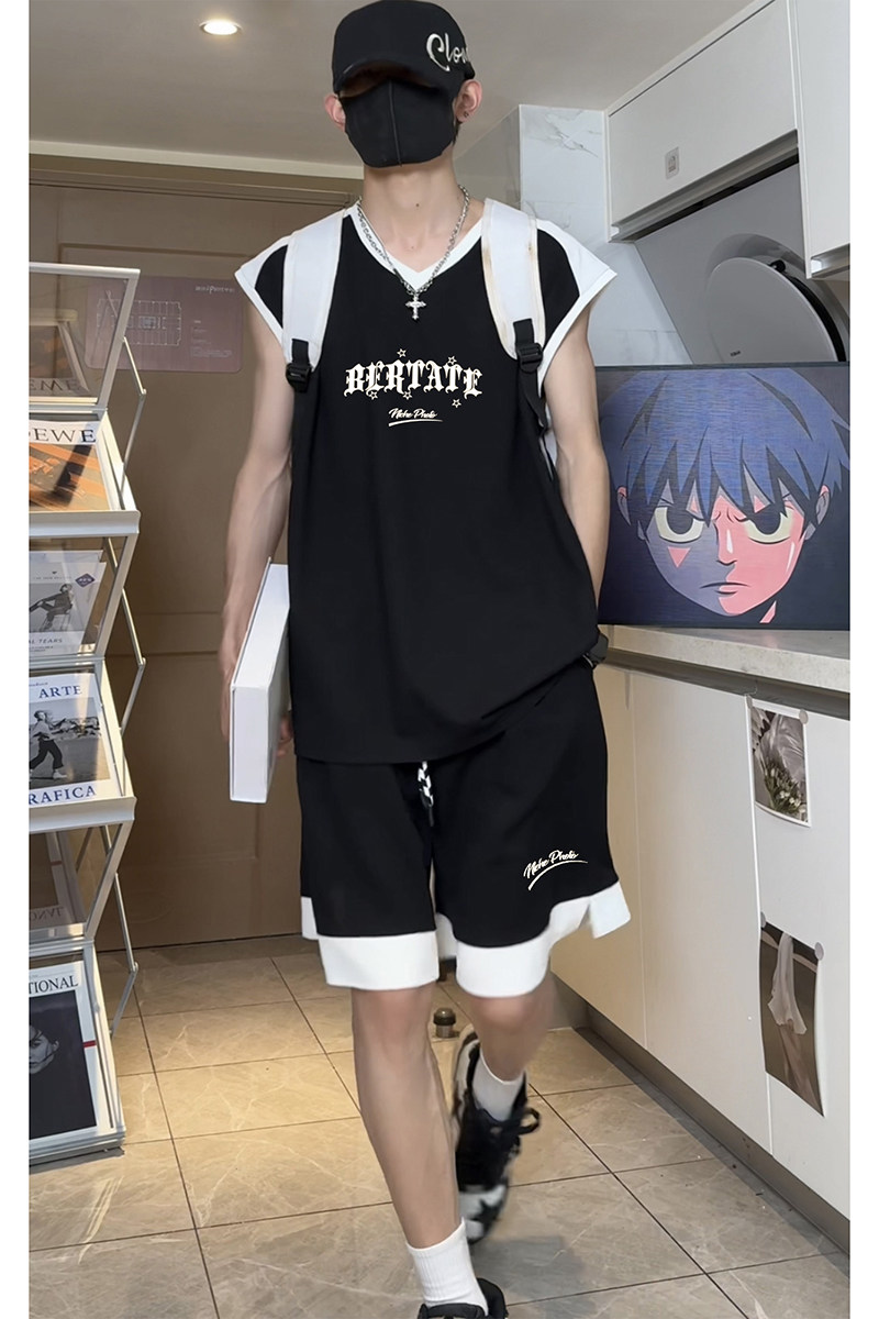 oversize潮流无袖宽松休闲运动服美式外穿篮球运动服套装T13TP55,男装衬衫,电商A102B