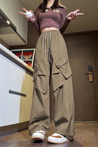 棕咖色工装裤男款夏季潮牌美式机能三防冲锋裤户外褶皱阔腿登山裤图片