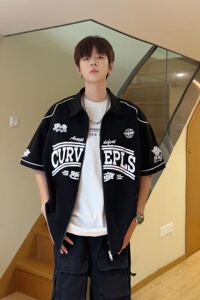 cityboy短袖夏季宽松衬衣日系复古开衫外套棒球服HY332TP45控69图片