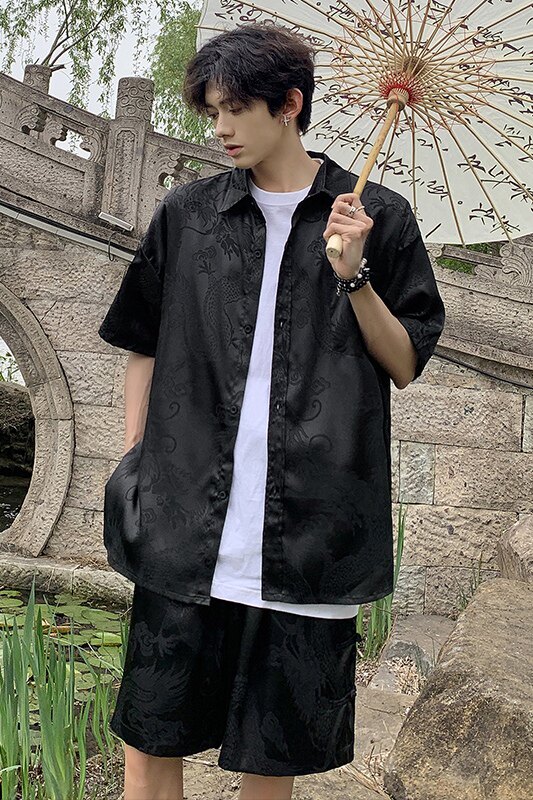 新中式龙纹宽松休闲薄款衬衣短裤套装唐装风套装T11TP65,男装衬衫,电商A102B