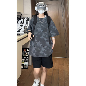 百搭款蝴蝶破洞高街短袖美式圆领纯棉休闲短袖打底衫HY556TP38图片