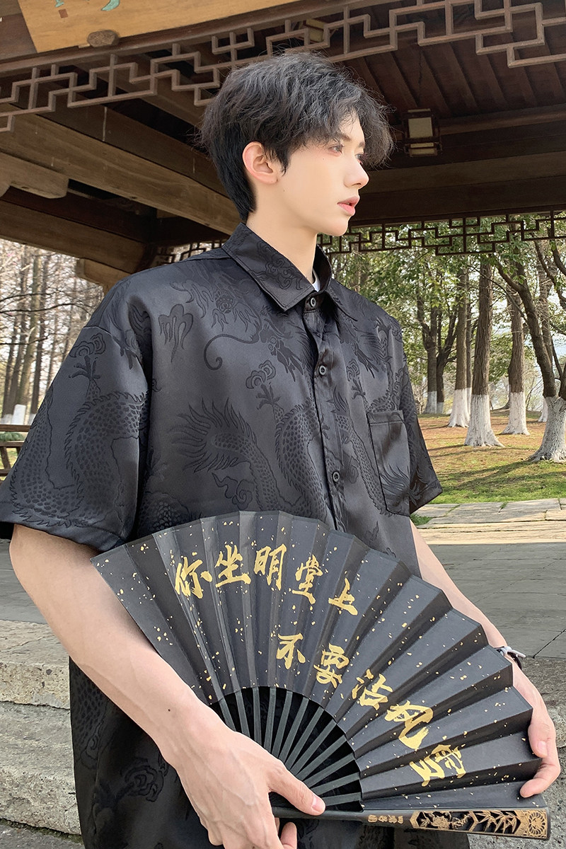 2024夏新中式龙纹短袖衬衫男女同款上衣风潮款HY518TP38控58,男装衬衫,电商A102B