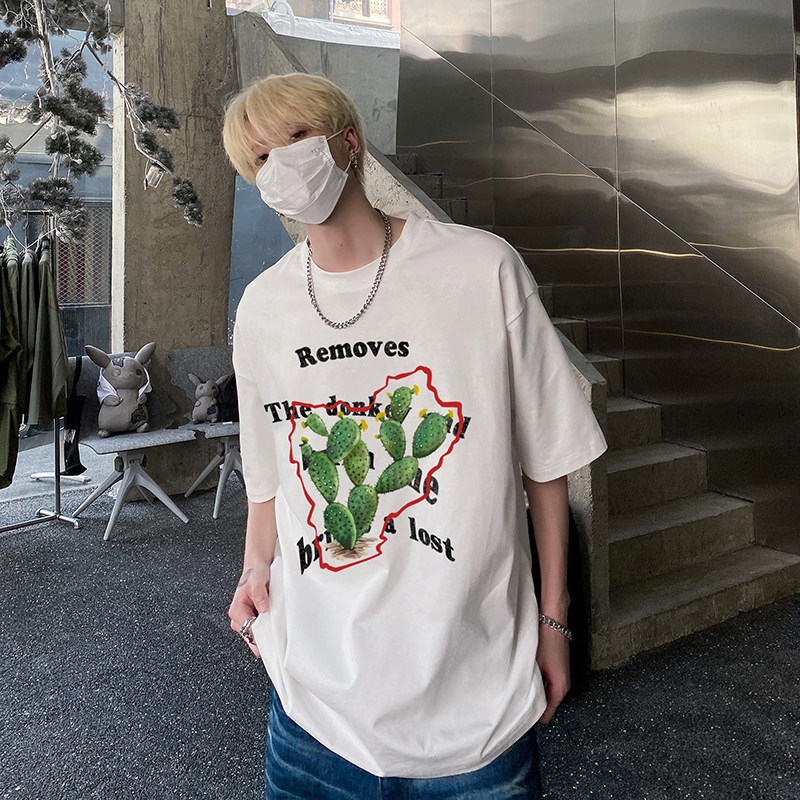 仙人掌印花圆领休闲打底衫美式高街时尚纯棉T恤HY570TP20,男装T恤,电商A102B