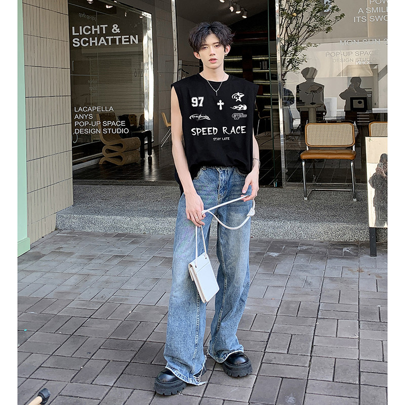 情侣无袖运动坎肩t恤美式高街oversize潮流印花背心HY564TP18,男装背心/马甲,电商A102B