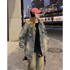 高级感破洞牛仔外套男秋季美式高街痞帅上衣潮牌休闲宽松翻领夹克图片