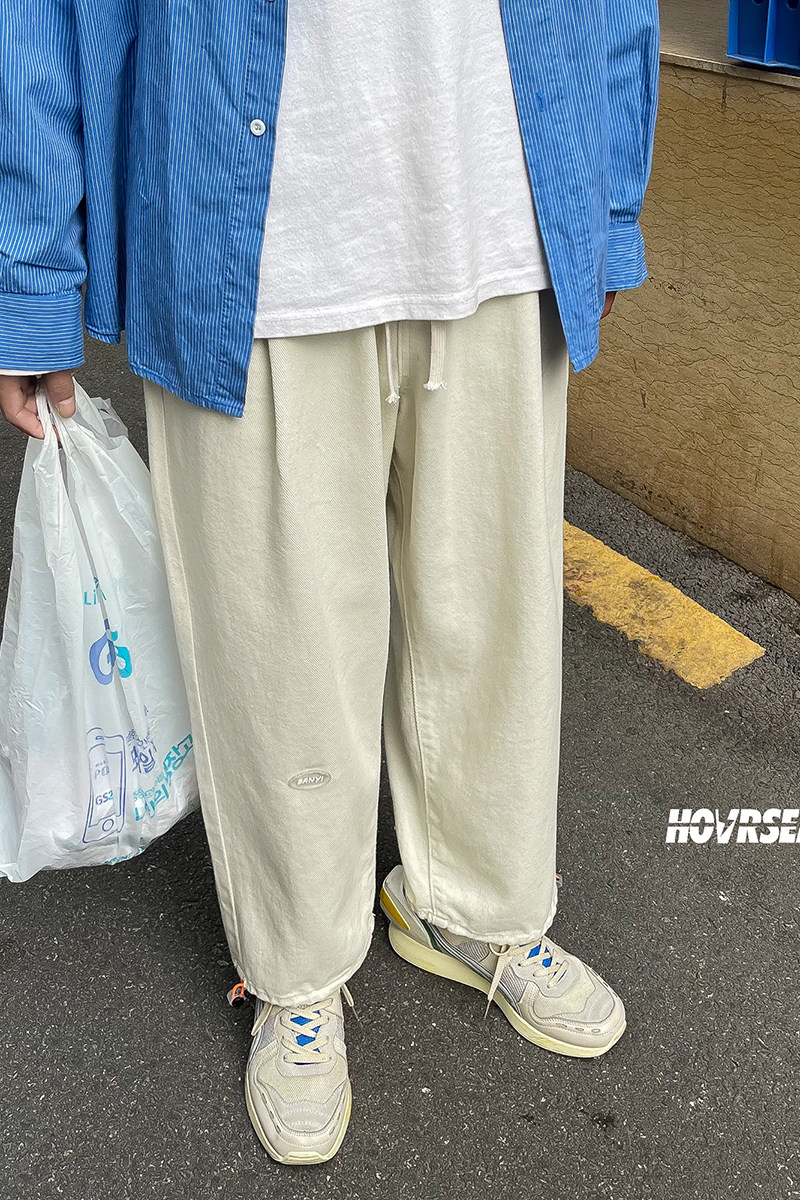 日系复古牛仔裤休闲老爹裤贴标简约松紧腰直筒长裤K105TP45控58,男装牛仔裤,电商A102B