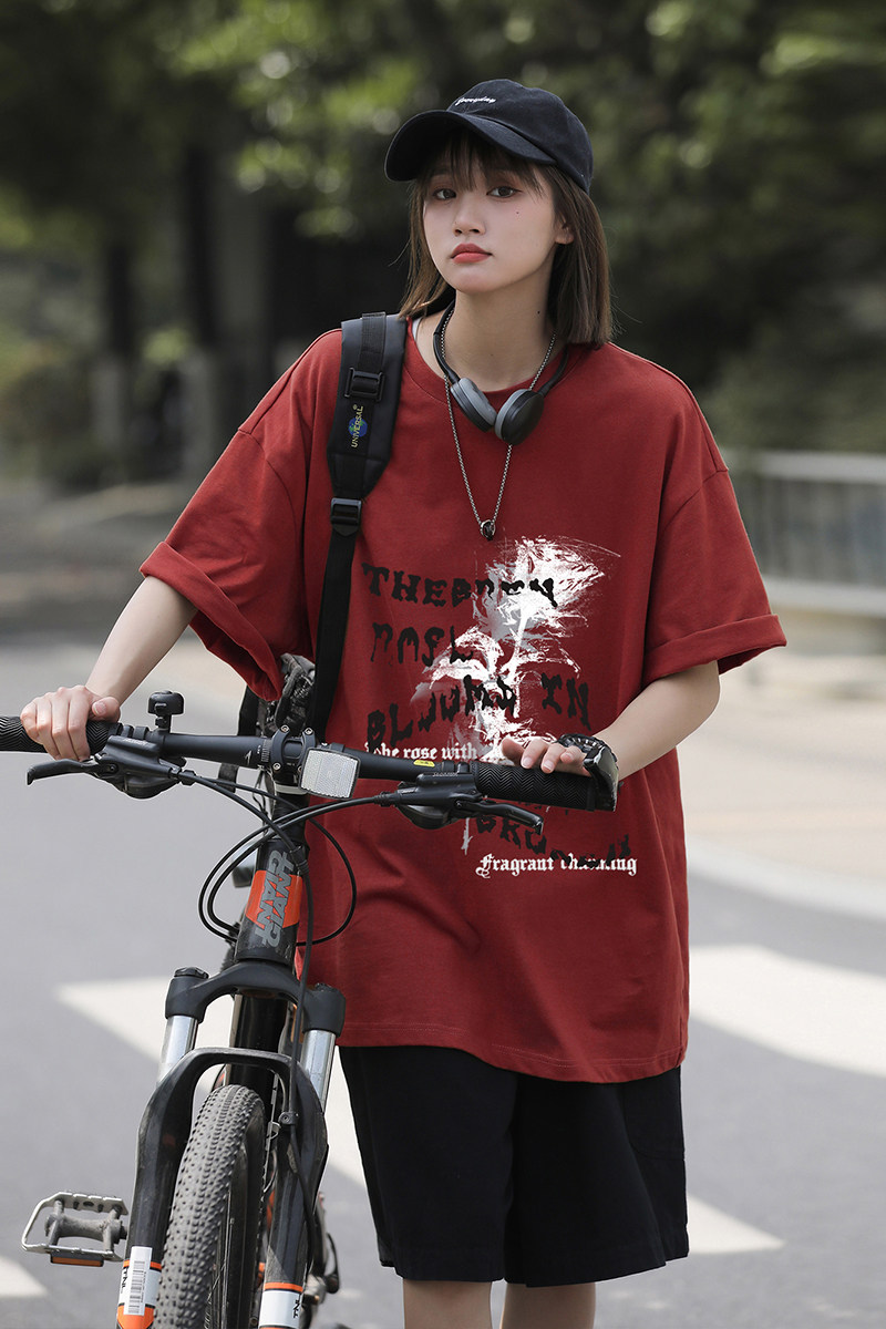 美式夏季男女同款玫瑰花短袖多色纯棉印花打底衫HY560TP25控39,男装T恤,电商A102B