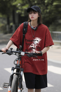 美式夏季男女同款玫瑰花短袖多色纯棉印花打底衫HY560TP25控39图片