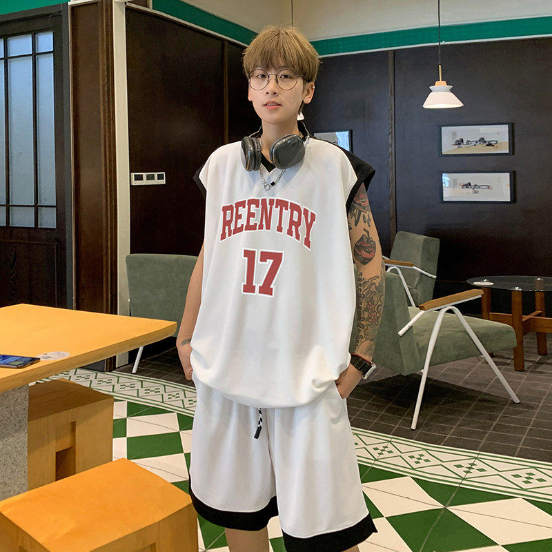 时尚潮流美式高街17号运动服宽松休闲无袖外穿篮球服套装T12TP55,男装衬衫,电商A102B