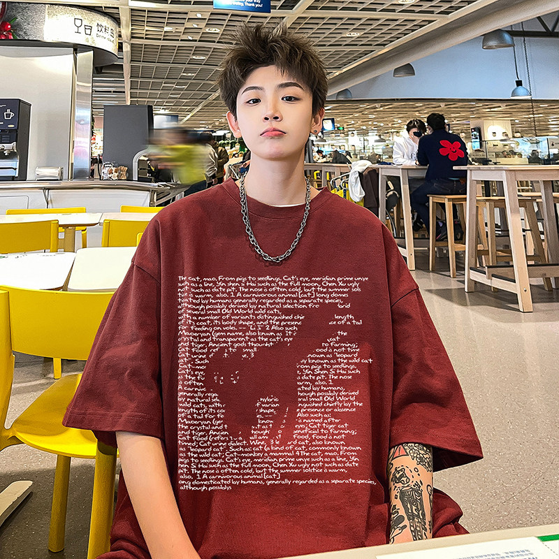 夏季宽松潮牌男士短袖t恤纯棉圆领印花打底衫2024新款HY576TP25,男装T恤,电商A102B