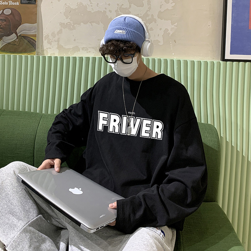 白色长袖t恤男生春秋季美式复古上衣服2025新款潮牌圆领宽松体恤,男装T恤,电商A102B