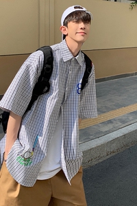 夏季日系复古短袖衬衫经典港风格子衬衣ins潮流街头HY128T图片