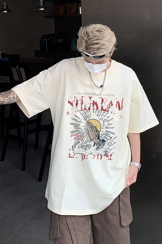 港风百搭款小众设计感印花打底衫纯棉重磅圆领T恤衫HY539TP25控38,男装T恤,电商A102B