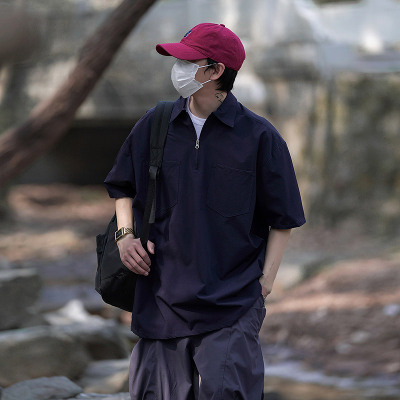日系Polo衫短袖男潮牌衬衫T恤复古工装oversize半袖HY298TP45控68,男装T恤,电商A102B