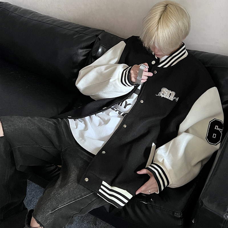 美式复古夹克外套撞色贴布多色休闲棒球服秋款HY202P108控138,男装夹克,电商A102B