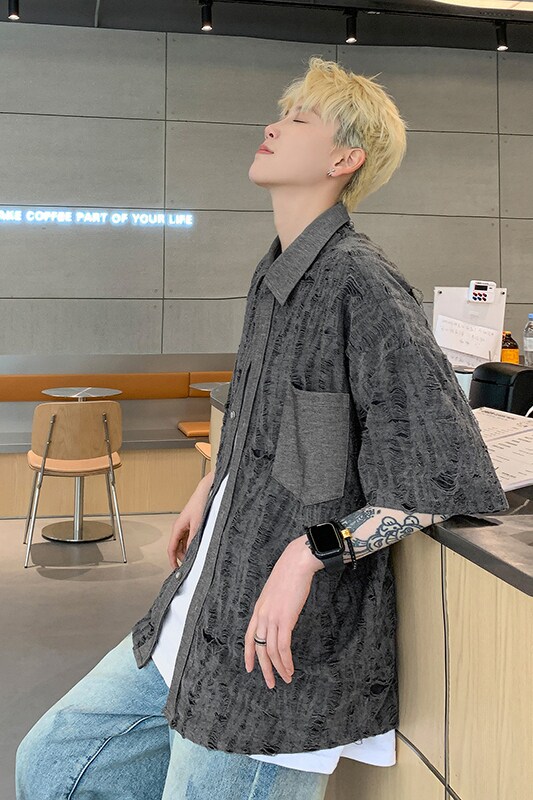 潮牌高级设计感短袖开衫衬衣美式复古破洞衬衫HY527TP38控59,男装衬衫,电商A102B