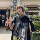 拼接设计短袖宽松短袖韩版立领半拉链T恤人物印花情侣款HY540TP38，男装卫衣，电商A102B