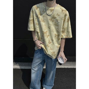 百搭蝴蝶高街破洞款短袖美式圆领纯棉休闲短袖打底衫HY556TP38图片