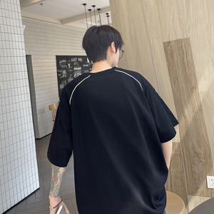 潮牌字母美式拼接机车服短袖2024男女宽松圆领T恤HY165TP35控48图片