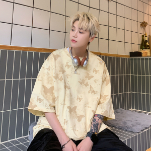 美式高街蝴蝶破洞短袖男女同款纯棉圆领休闲短袖打底衫HY556TP38图片