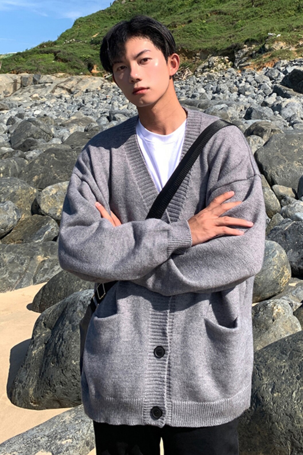 复古日系慵懒风V领针织衫外套潮牌宽松男女休闲毛衣HY415P65控88,男装针织衫/毛衣,电商A102B