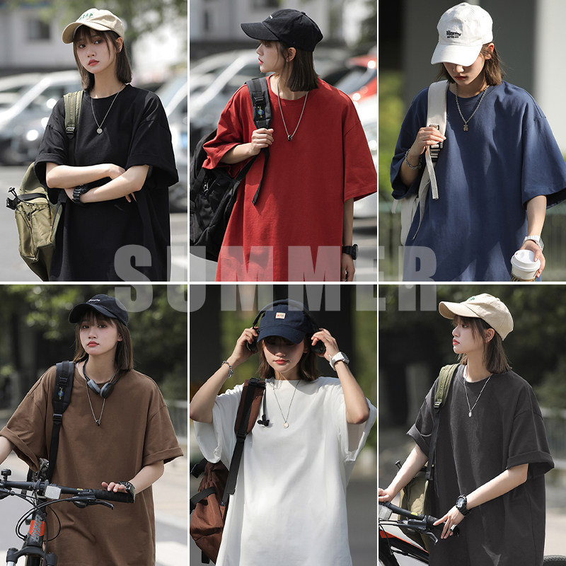 日系复古情侣夏季ins纯色短袖t恤宽松白色打底衫半袖男女HY33TP16图片
