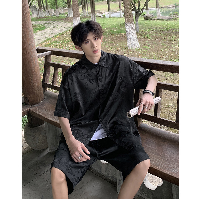 新中式龙纹风唐装套装宽松休闲薄款衬衣短裤T11TP65图片