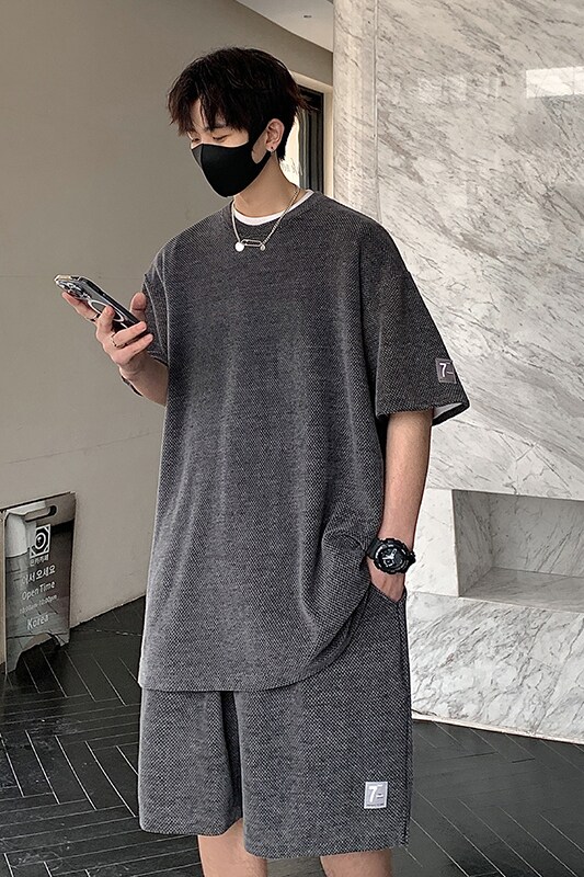夏季宽松运动套装韩珠地新型面料情侣男短袖两件套T07P80控108,男装衬衫,电商A102B