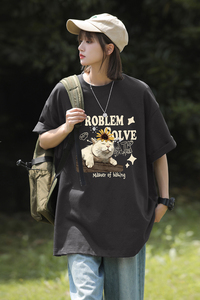 美式vibe圆领纯棉短袖T恤慵懒小猫咪印花宽松休闲打底衫HY574TP20图片