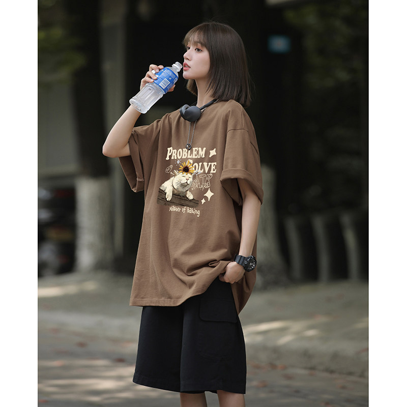 美式vibe圆领纯棉短袖T恤慵懒小猫咪印花宽松休闲打底衫HY574TP20,男装T恤,电商A102B