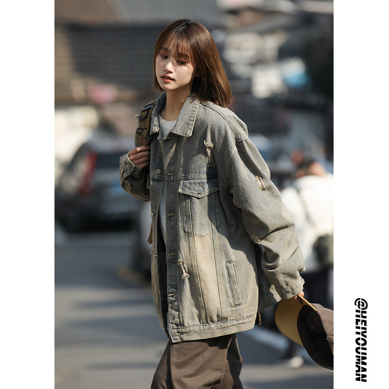 美式高级感牛仔外套男新款破洞牛仔工装夹克衫HY481TP65控98，男装工装外套，电商A102B