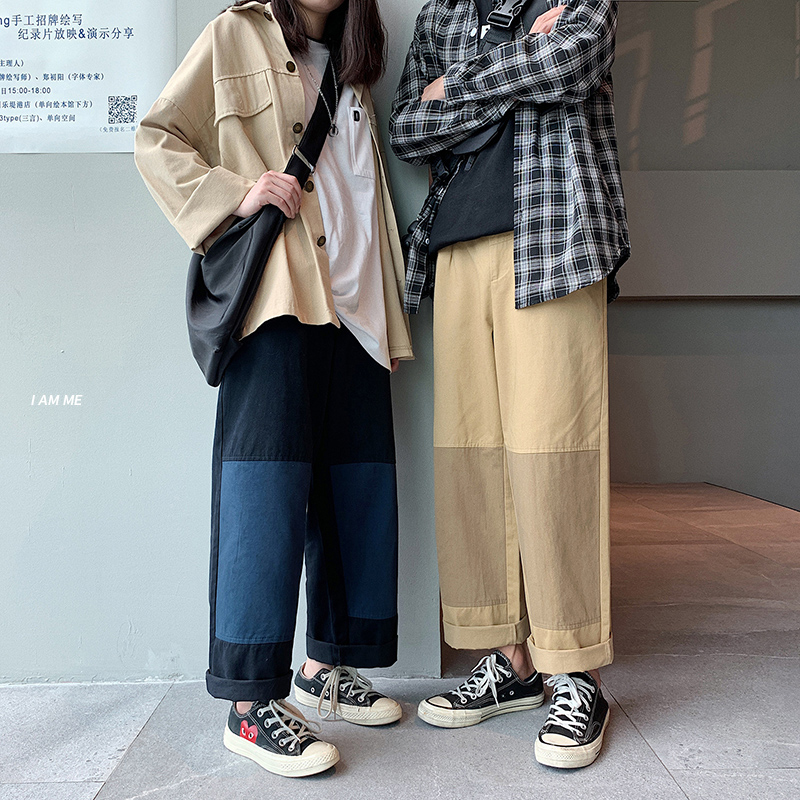 Japanese couple's color matching broad leg straight casual overalls for men in spring