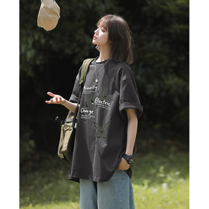男女同款纯棉打底衫美式高街多色圆领蝴蝶印花短袖HY561TP25控39图片