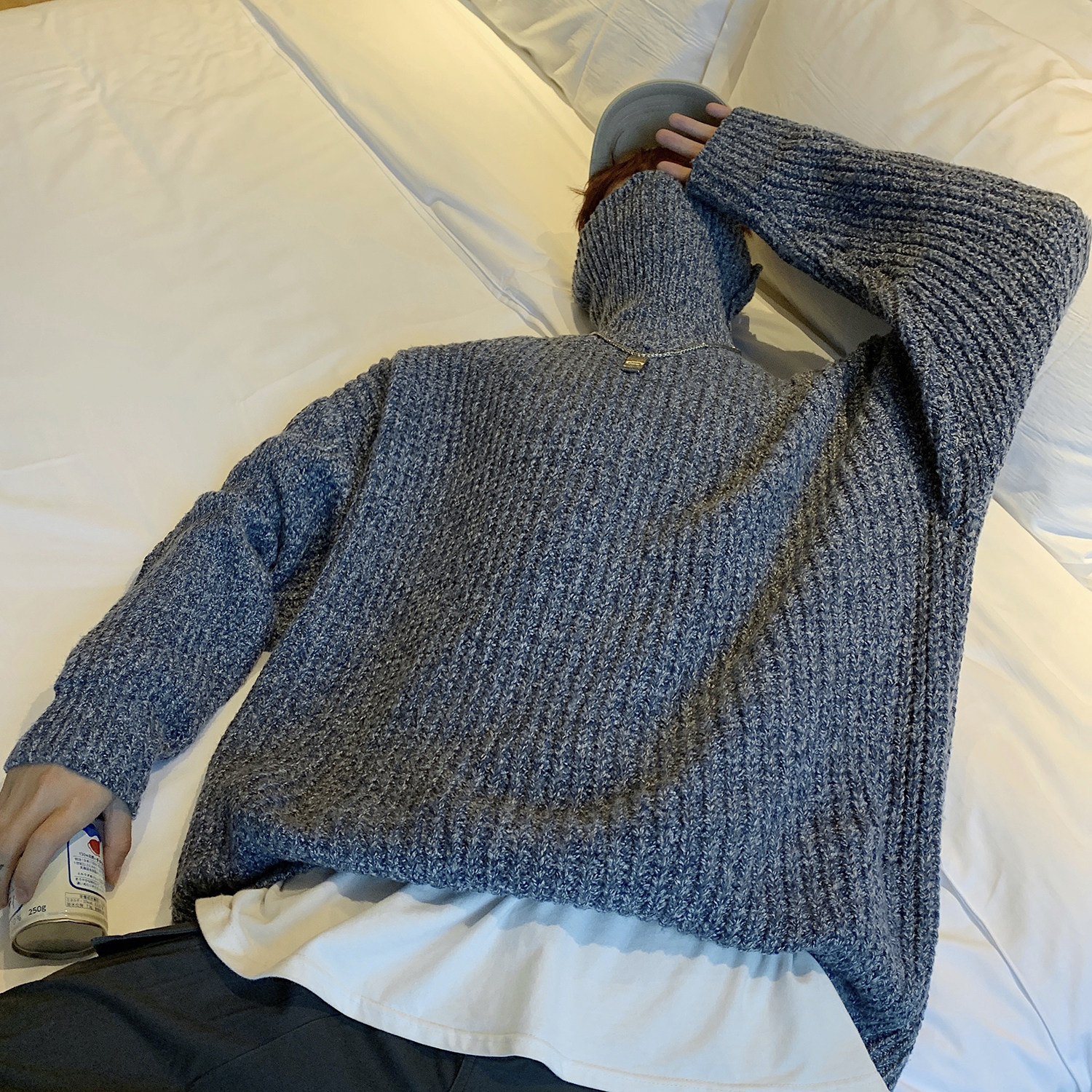 男秋季毛衣韩版宽松潮流高领针织衫休闲百搭纯色毛线HY18P60控78图片