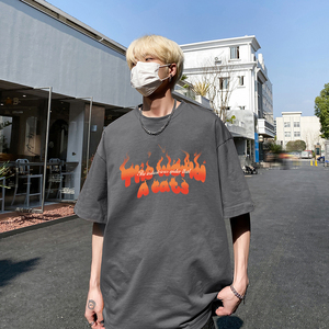 美式vibe圆领纯棉短袖T恤火焰印花宽松休闲打底衫HY573TP20图片