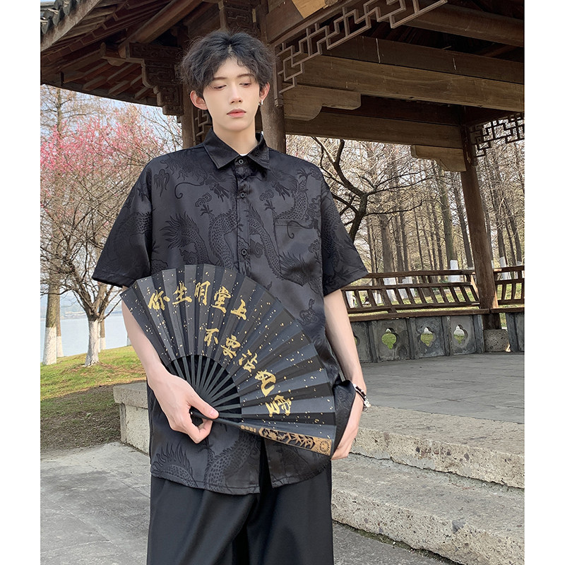 短袖衬衫男2024夏季新款新中式风短袖衬衫唐装HY518TP38控58,男装衬衫,电商A102B