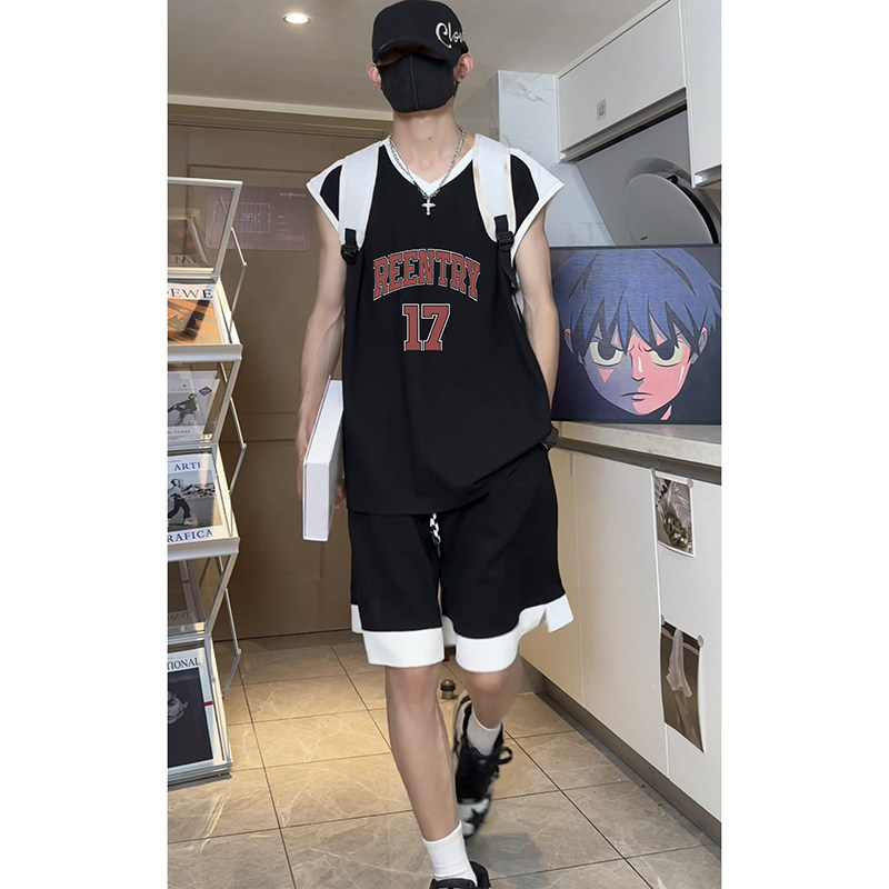 voersize美式高街17号篮球服宽松休闲无袖外穿运动服套装T12TP55,男装休闲套装,电商A102B
