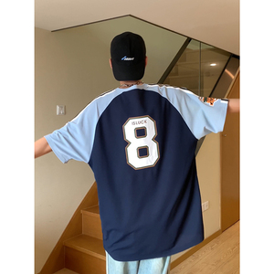 美式ins风上衣街头潮牌拼接色短袖印花篮球服T恤HY536TP35控58图片