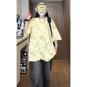 蝴蝶破洞短袖美式高街百搭款圆领纯棉休闲短袖打底衫HY556TP38