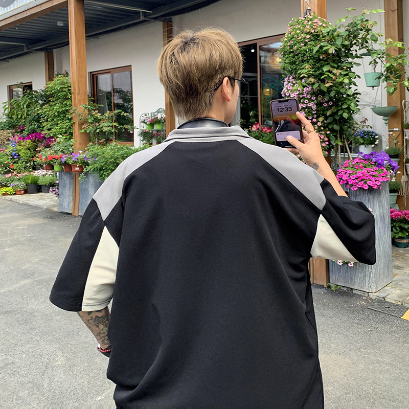 美式立领半拉链T恤小众设计宽松短袖人物印花情侣款HY540TP38,男装卫衣,电商A102B