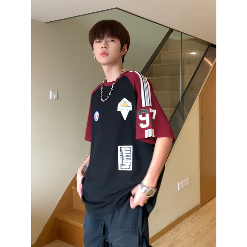 ins风上衣美式街头潮牌拼接色短袖印花篮球服T恤HY536TP35控58,男装T恤,电商A102B