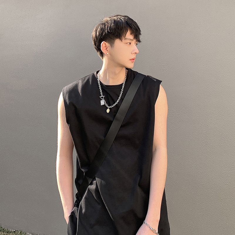 2024夏季背心男日系复古简约纯色宽松无袖T恤衫潮牌背心HY48TP15，男装背心/马甲，电商A102B