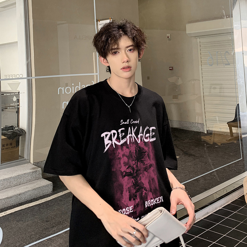 港风圆领男女同款玫瑰花印花短袖多色纯棉打底衫HY562TP25控39,男装T恤,电商A102B